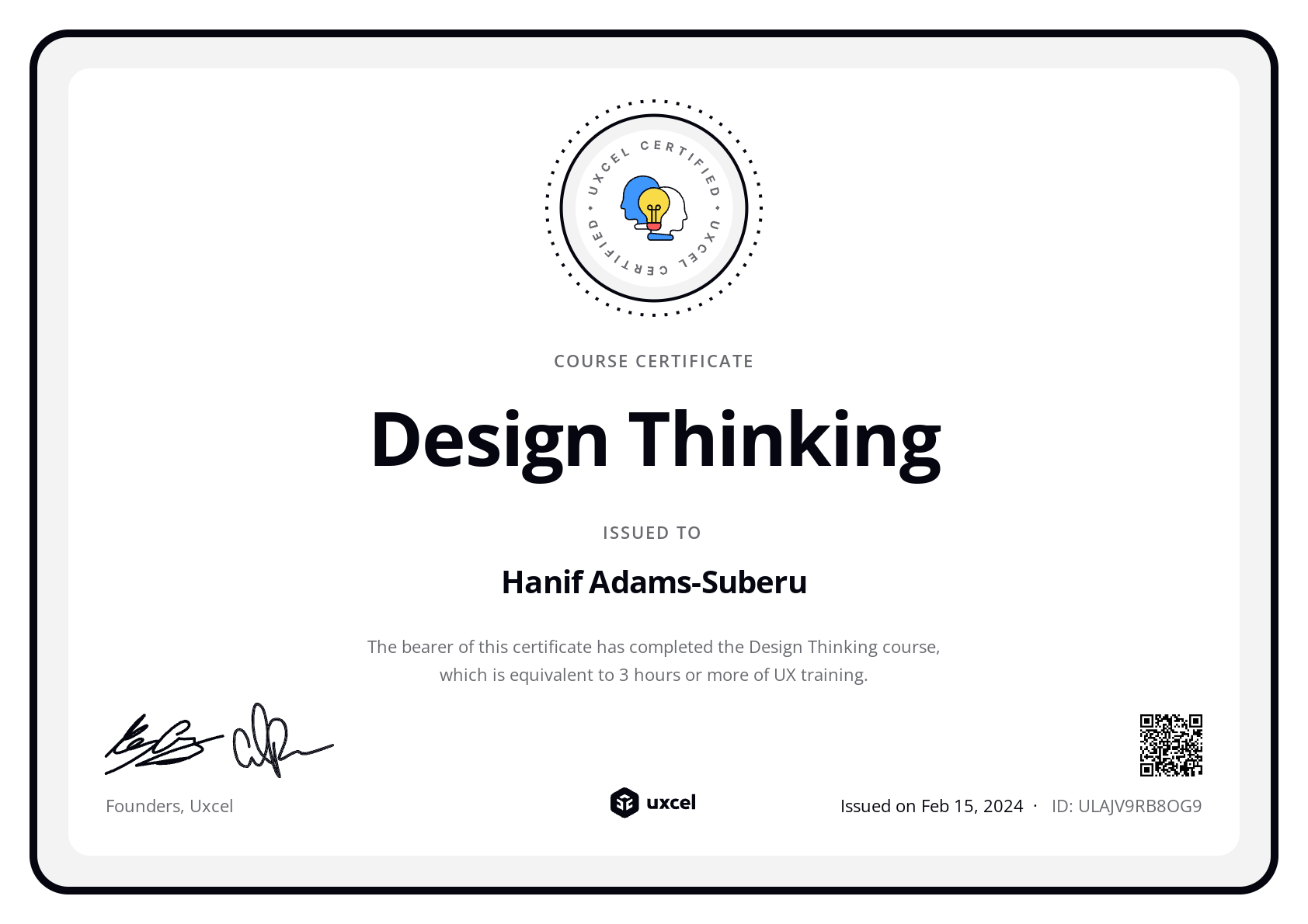 Hanif Adams-Suberu's certificate
